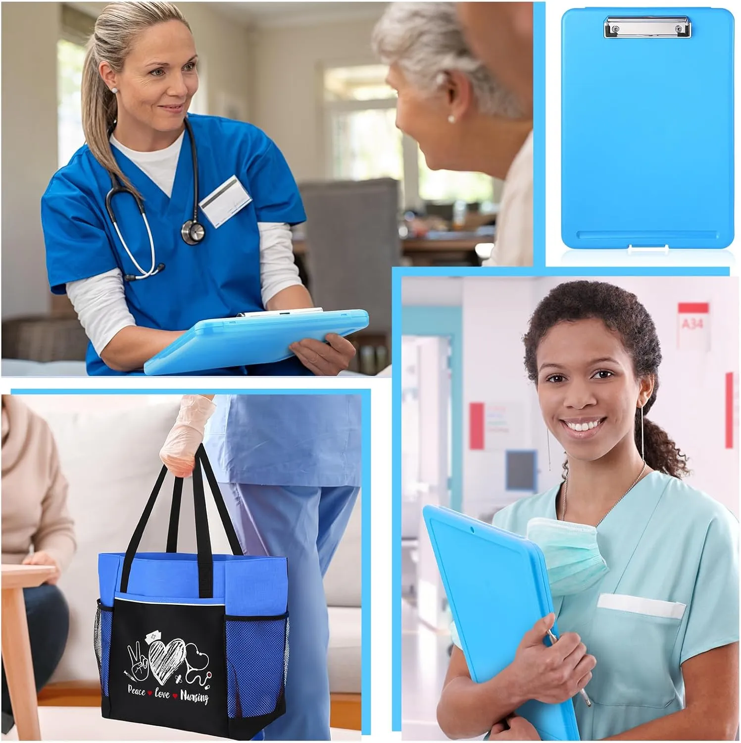 Sabary 5 Pcs Best Nurses Week Gifts Women Tote Bag Set Appreciation Tote Bag Gift for Graduation Teacher Nurse Employee(Blue,Classic)