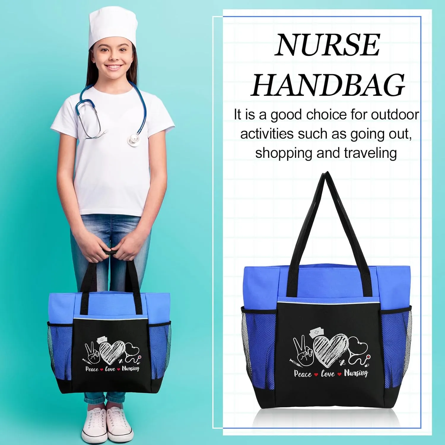 Sabary 5 Pcs Best Nurses Week Gifts Women Tote Bag Set Appreciation Tote Bag Gift for Graduation Teacher Nurse Employee(Blue,Classic)