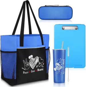 Sabary 5 Pcs Best Nurses Week Gifts Women Tote Bag Set Appreciation Tote Bag Gift for Graduation Teacher Nurse Employee(Blue,Classic)