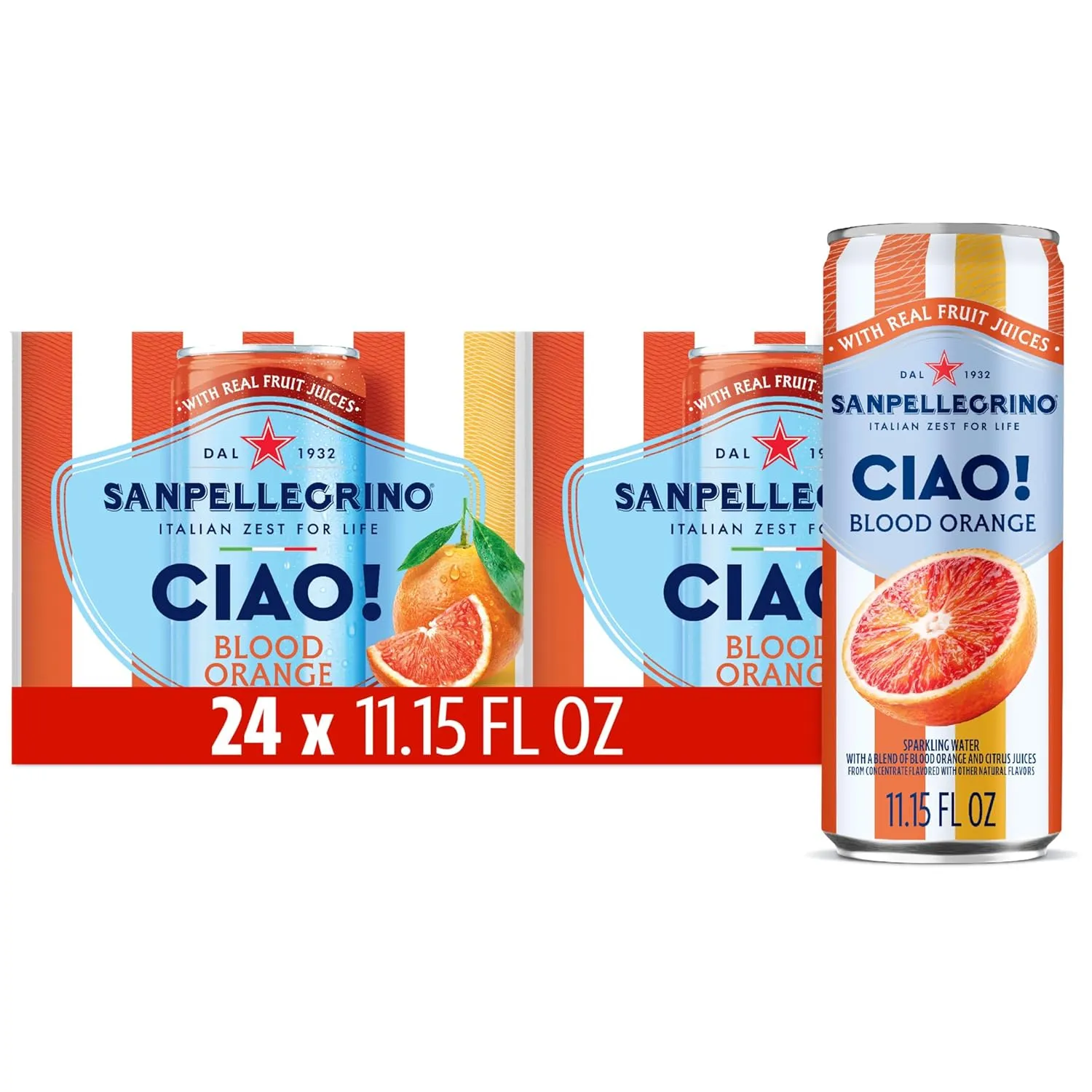 Sanpellegrino CIAO Blood Orange Sparkling Water, Low-Calorie Italian Sparkling Water with Real Fruit Juices, 0g Added Sugar, 24-Pack