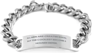 Sarcasm Housekeeper Cuban Chain Bracelet, All Men, Gifts for Friends, Present from Colleagues, Engraved Bracelet for Housekeeper, Maid, Cleaning Lady, Gift Card, Basket
