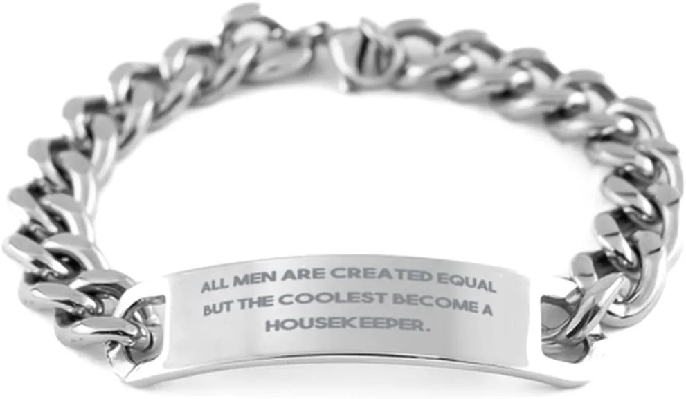 Sarcasm Housekeeper Cuban Chain Bracelet, All Men, Gifts for Friends, Present from Colleagues, Engraved Bracelet for Housekeeper, Maid, Cleaning Lady, Gift Card, Basket