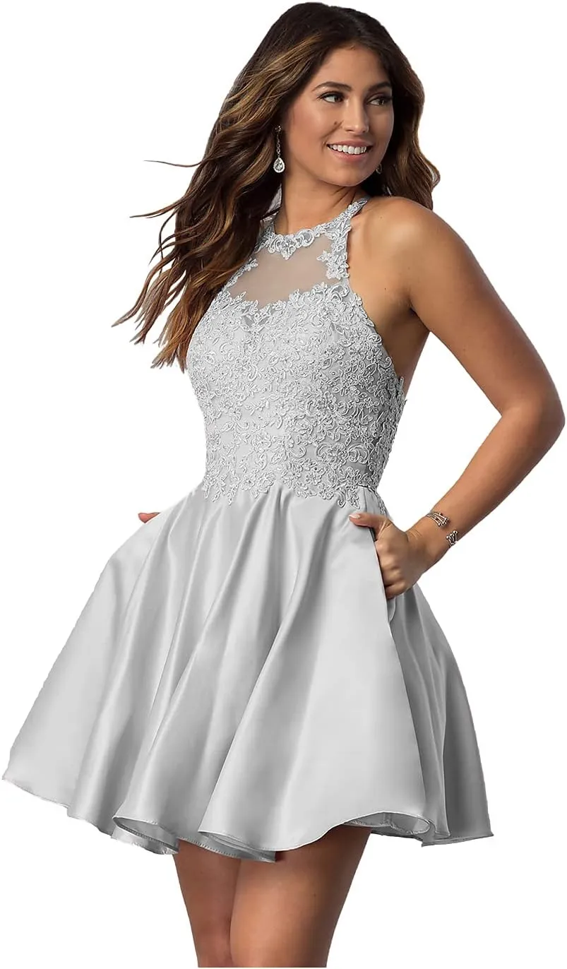 Satin Lace-Applique Homecoming Dresses Short with Pockets Halter Cocktail Dresses for Teens WD029