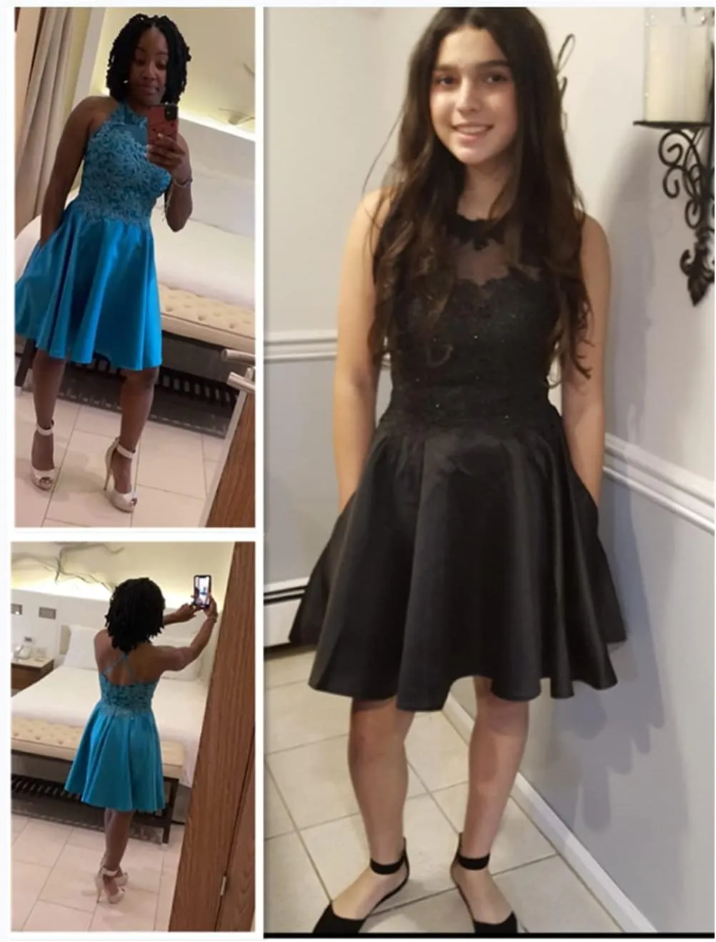 Satin Lace-Applique Homecoming Dresses Short with Pockets Halter Cocktail Dresses for Teens WD029