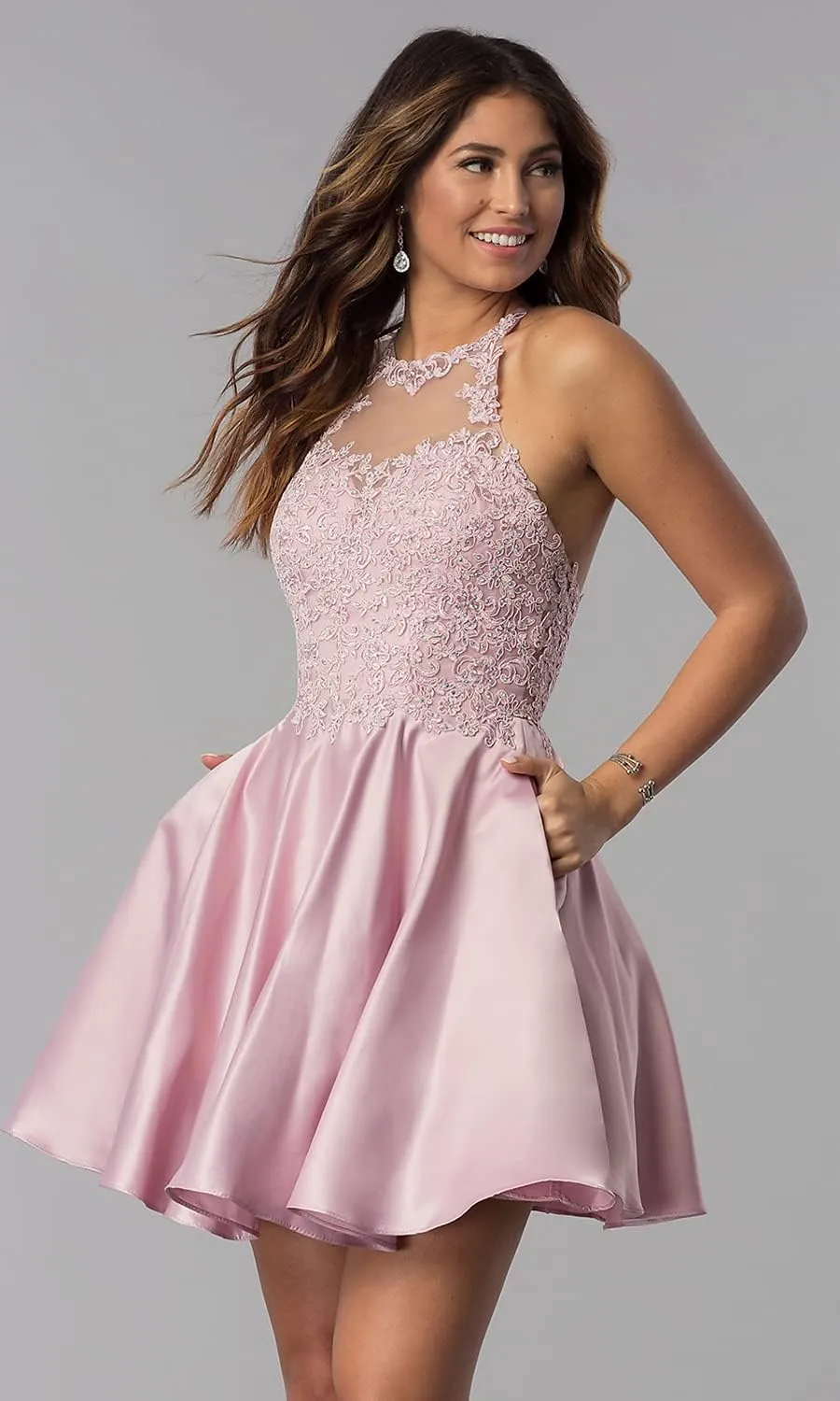Satin Lace-Applique Homecoming Dresses Short with Pockets Halter Cocktail Dresses for Teens WD029