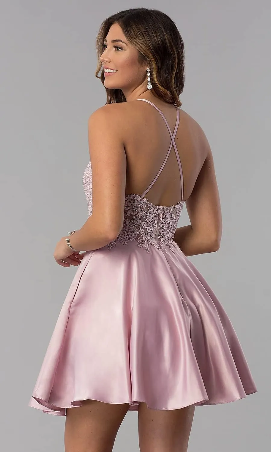 Satin Lace-Applique Homecoming Dresses Short with Pockets Halter Cocktail Dresses for Teens WD029