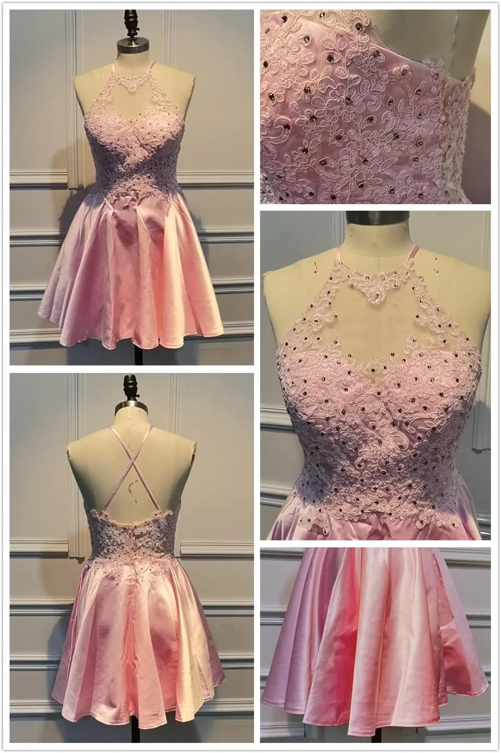 Satin Lace-Applique Homecoming Dresses Short with Pockets Halter Cocktail Dresses for Teens WD029