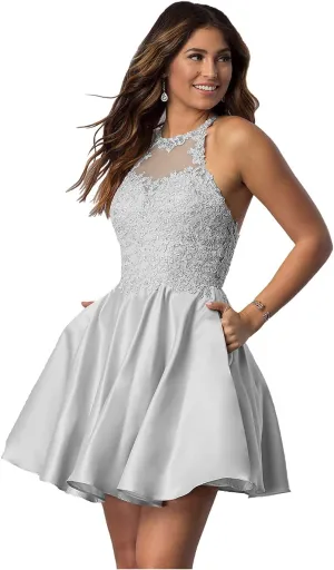 Satin Lace-Applique Homecoming Dresses Short with Pockets Halter Cocktail Dresses for Teens WD029