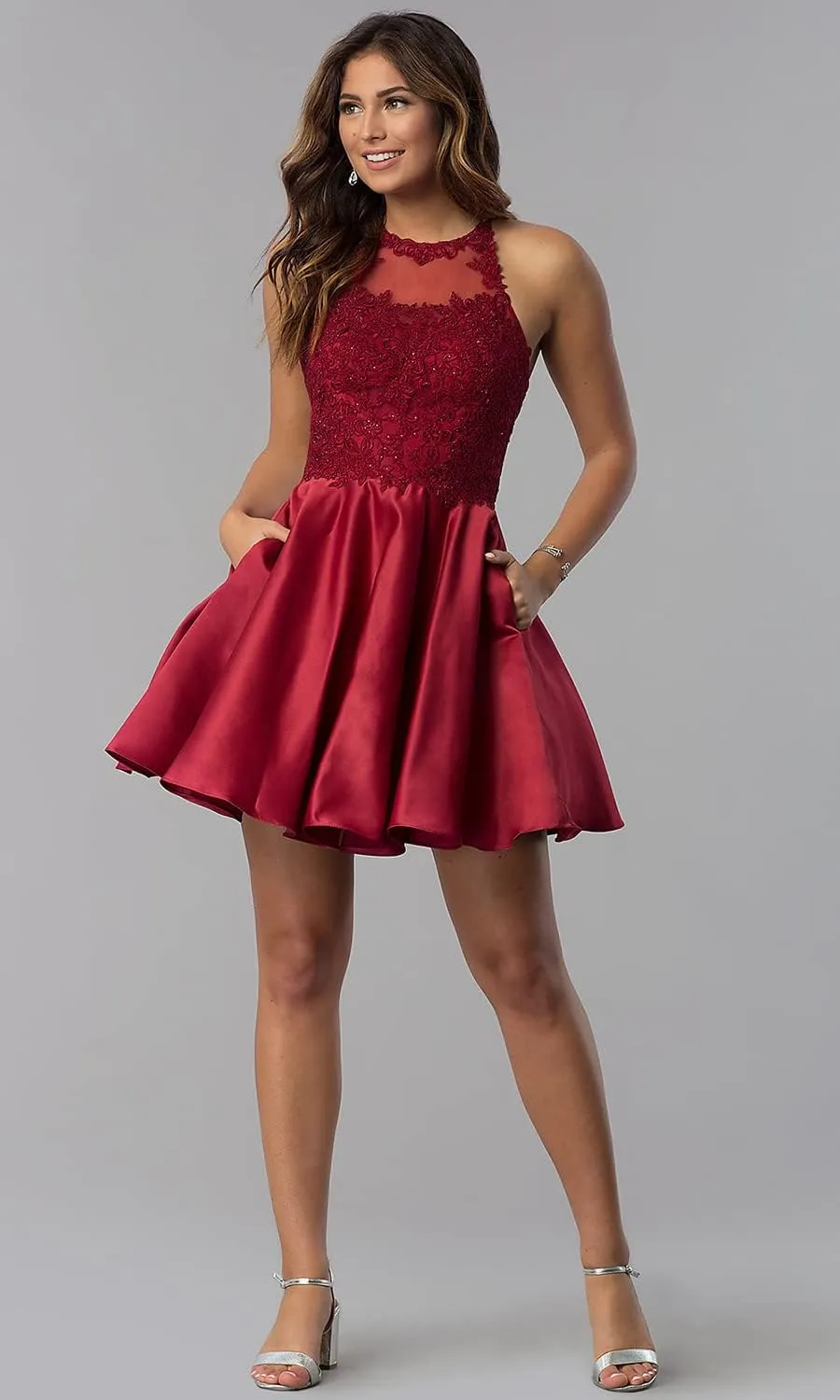 Satin Lace-Applique Homecoming Dresses Short with Pockets Halter Cocktail Dresses for Teens WD029