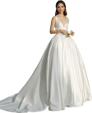 Satin Wedding Dress Long Off Shoulder Bridal Gowns with Train