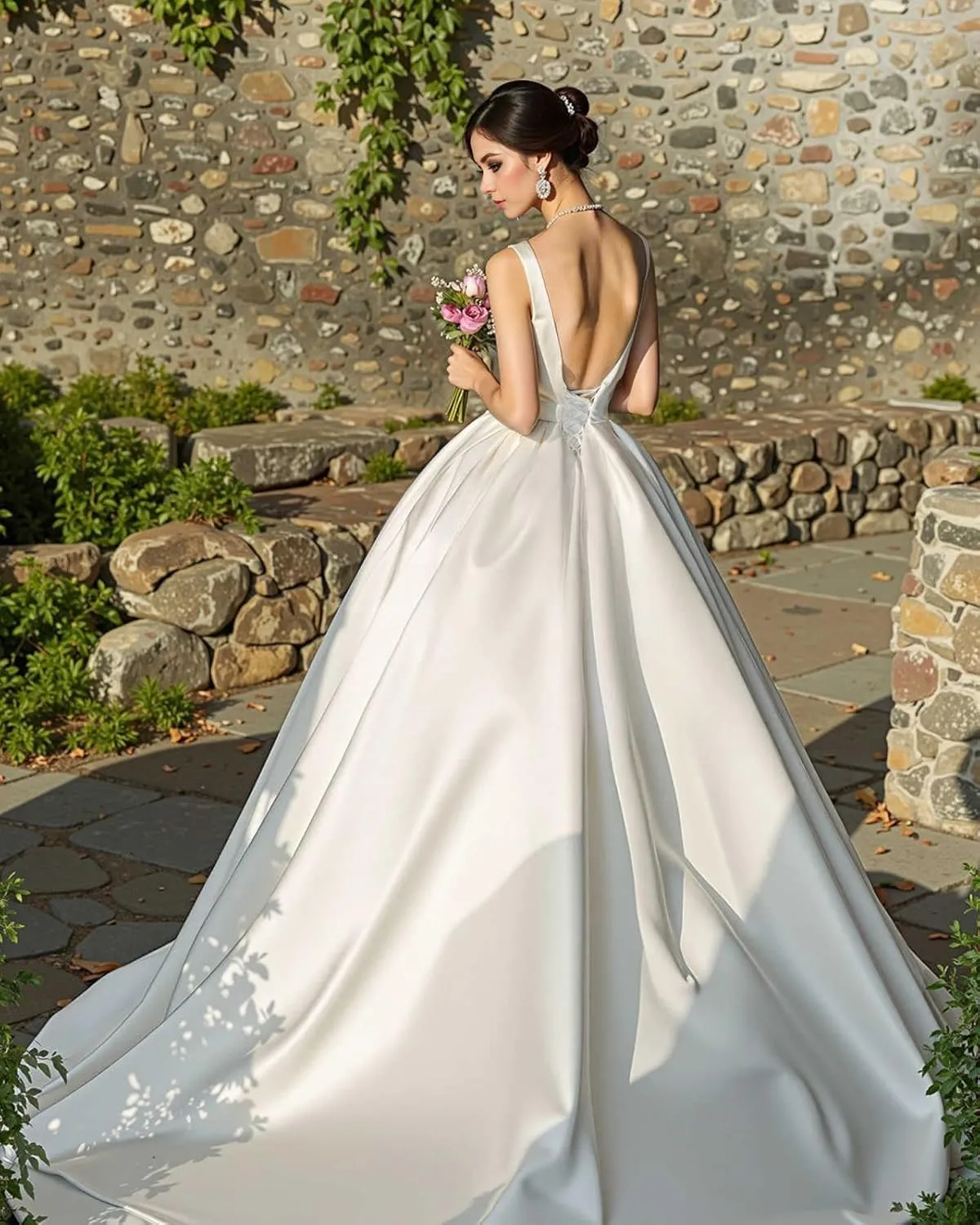 Satin Wedding Dress Long Off Shoulder Bridal Gowns with Train