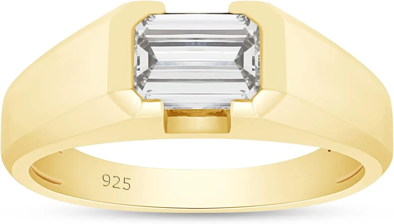 SAVEARTH DIAMONDS 1 Carat 7x5MM Emerald CutLab Grown Diamond Signet Wedding Band Ring For Men In 14K Gold Over Sterling Silver Jewelry (G-H Color, VS-SI Clarity, 1.00 Cttw)
