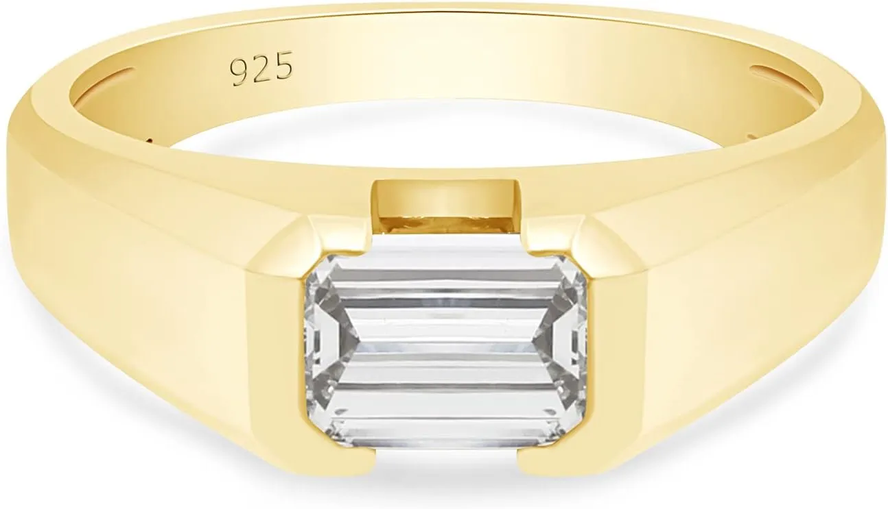 SAVEARTH DIAMONDS 1 Carat 7x5MM Emerald CutLab Grown Diamond Signet Wedding Band Ring For Men In 14K Gold Over Sterling Silver Jewelry (G-H Color, VS-SI Clarity, 1.00 Cttw)