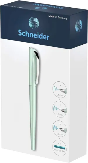 Schneider Callissima Calligraphy Fountain Pen Gift Set: Mint, 1.1 mm, 1.5 mm, 1.8 mm Interchangeable Tips   Pack of 6 Bermuda Blue Ink Cartridges (143811)