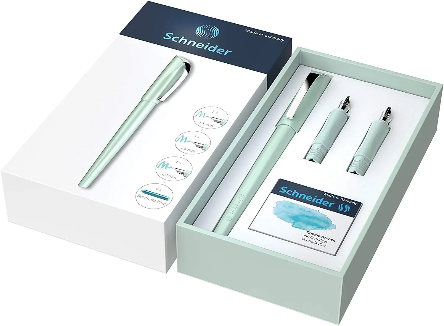 Schneider Callissima Calligraphy Fountain Pen Gift Set: Mint, 1.1 mm, 1.5 mm, 1.8 mm Interchangeable Tips   Pack of 6 Bermuda Blue Ink Cartridges (143811)