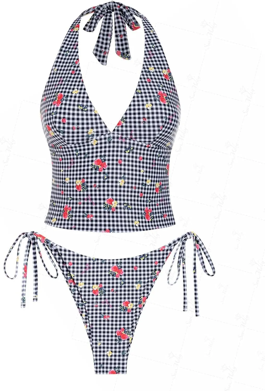 seamoly Red Gingham Floral Printed Halter Tie Side Chic Tankini Set