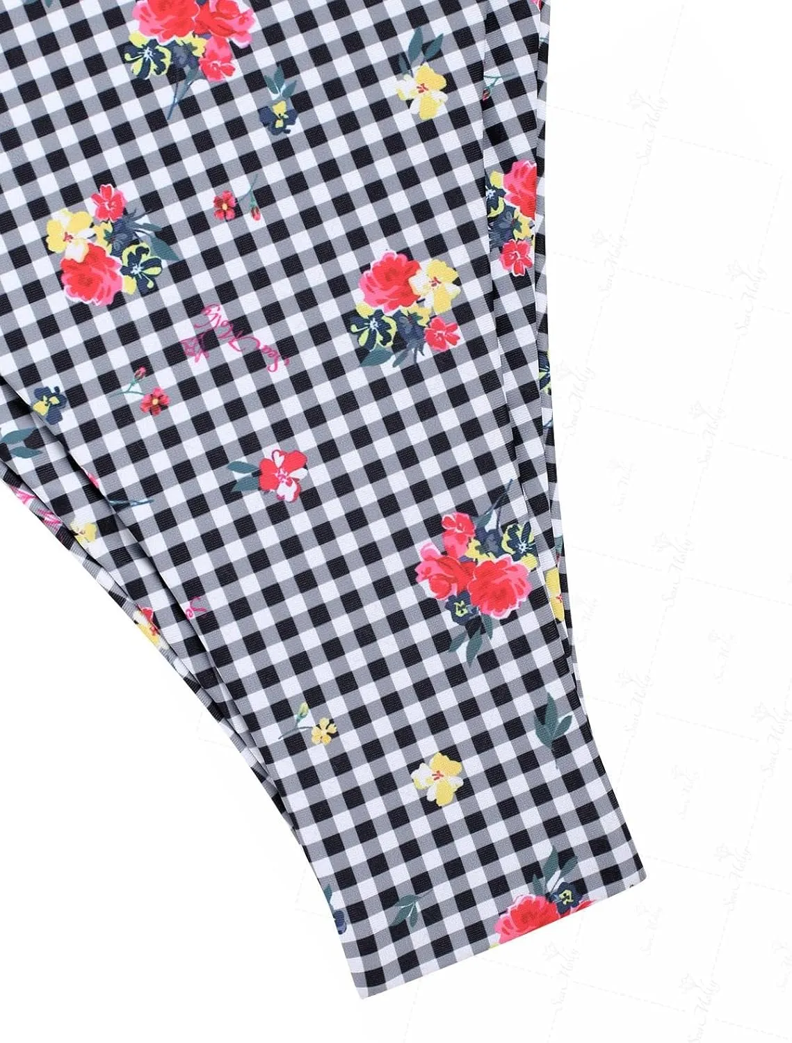 seamoly Red Gingham Floral Printed Halter Tie Side Chic Tankini Set