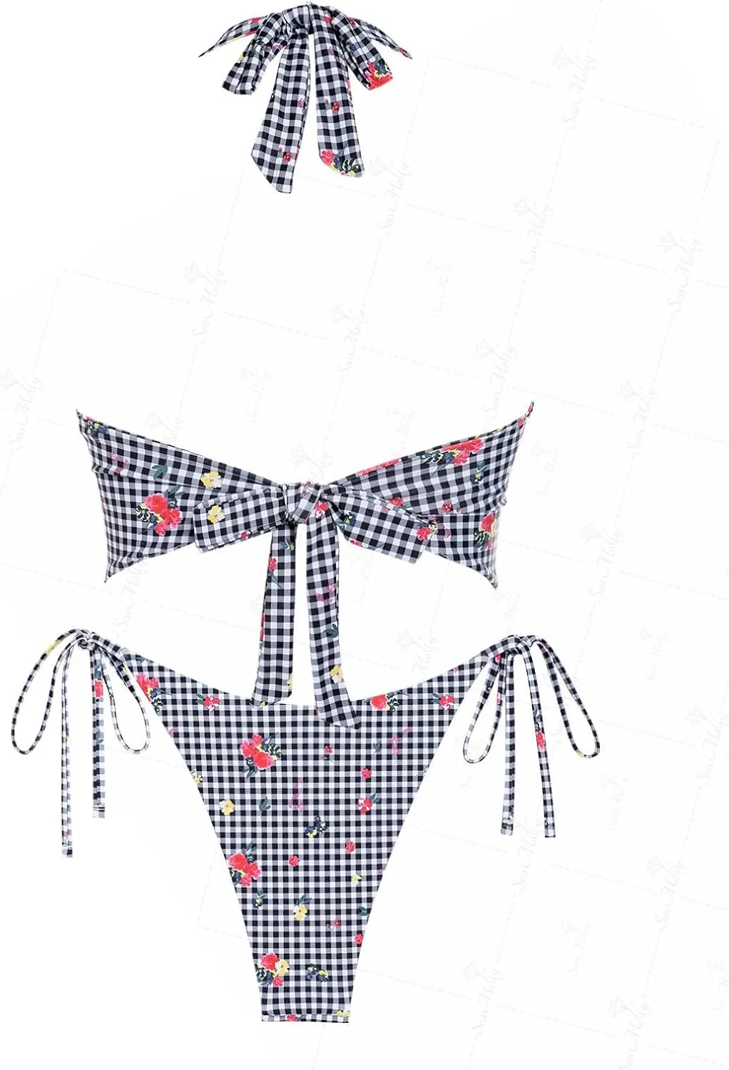 seamoly Red Gingham Floral Printed Halter Tie Side Chic Tankini Set