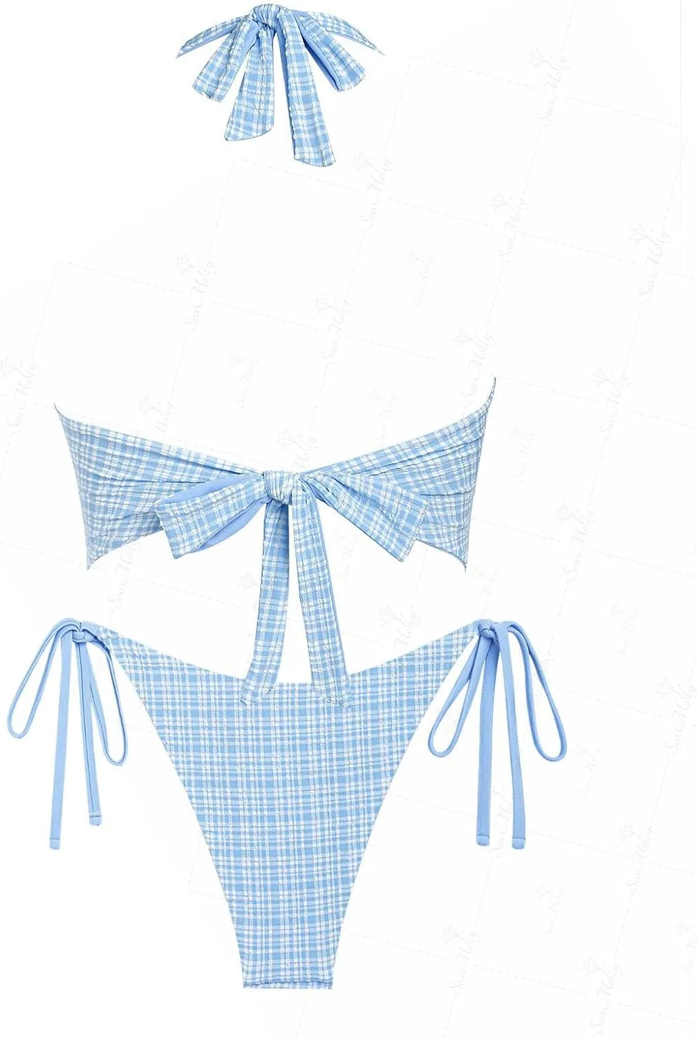 seamoly Red Gingham Floral Printed Halter Tie Side Chic Tankini Set