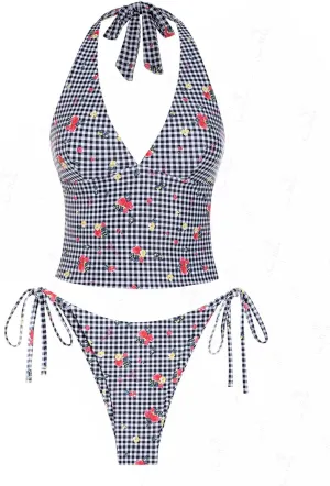 seamoly Red Gingham Floral Printed Halter Tie Side Chic Tankini Set