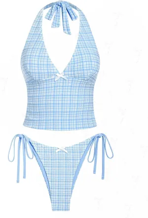 seamoly Red Gingham Floral Printed Halter Tie Side Chic Tankini Set