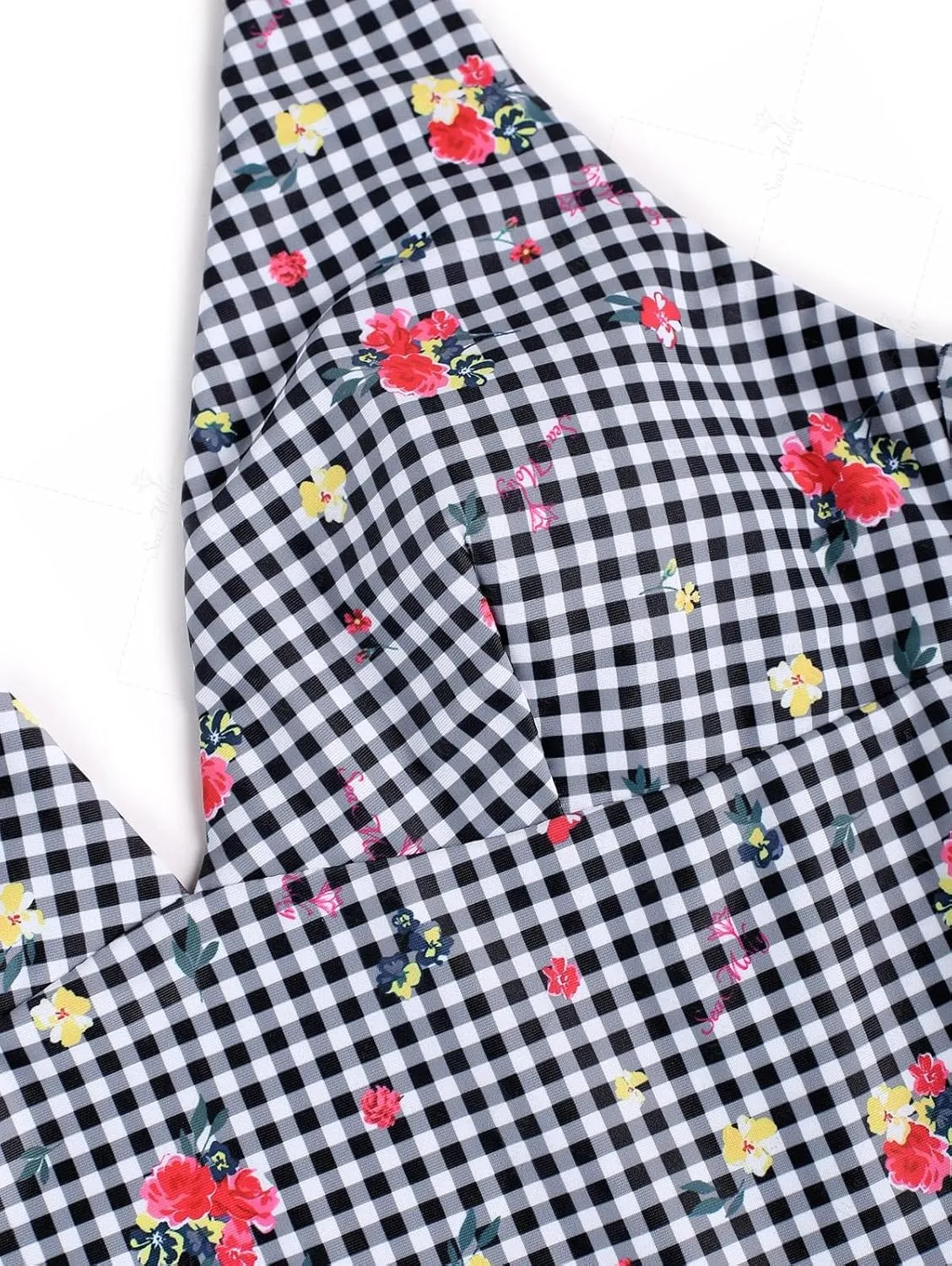 seamoly Red Gingham Floral Printed Halter Tie Side Chic Tankini Set
