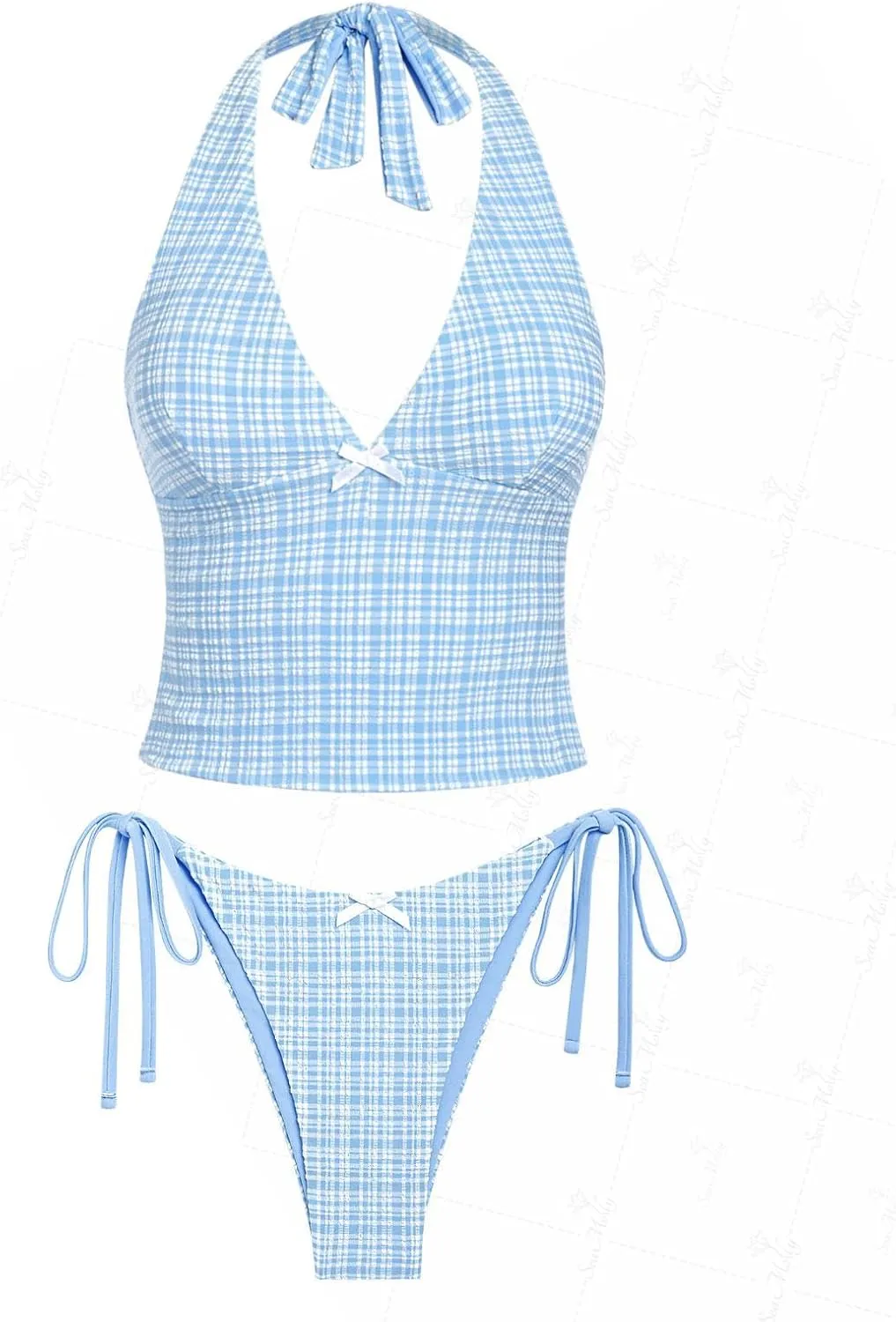 seamoly Red Gingham Floral Printed Halter Tie Side Chic Tankini Set
