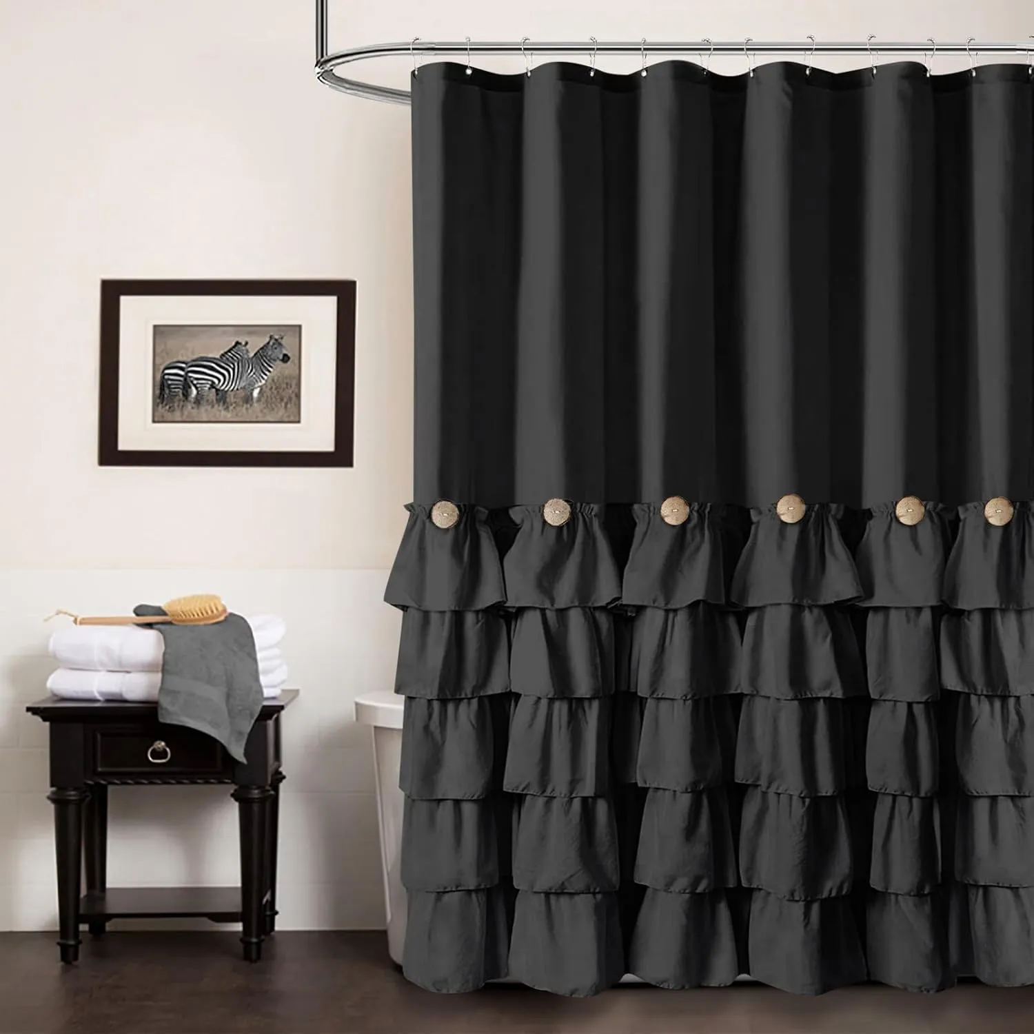Seasonwood Black Ruffle Shower Curtain Farmhouse Style Black Fabric Shower Curtain Nature Button Shabby Chic Ruffles and French Country Style 72×72