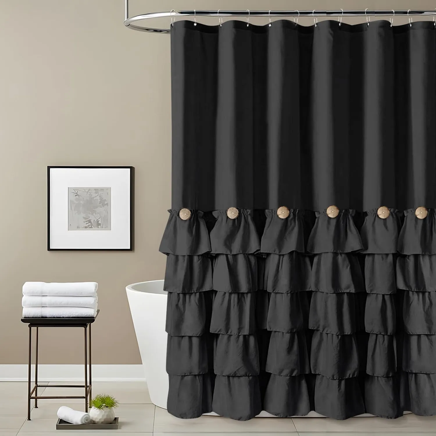 Seasonwood Black Ruffle Shower Curtain Farmhouse Style Black Fabric Shower Curtain Nature Button Shabby Chic Ruffles and French Country Style 72×72