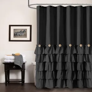 Seasonwood Black Ruffle Shower Curtain Farmhouse Style Black Fabric Shower Curtain Nature Button Shabby Chic Ruffles and French Country Style 72×72