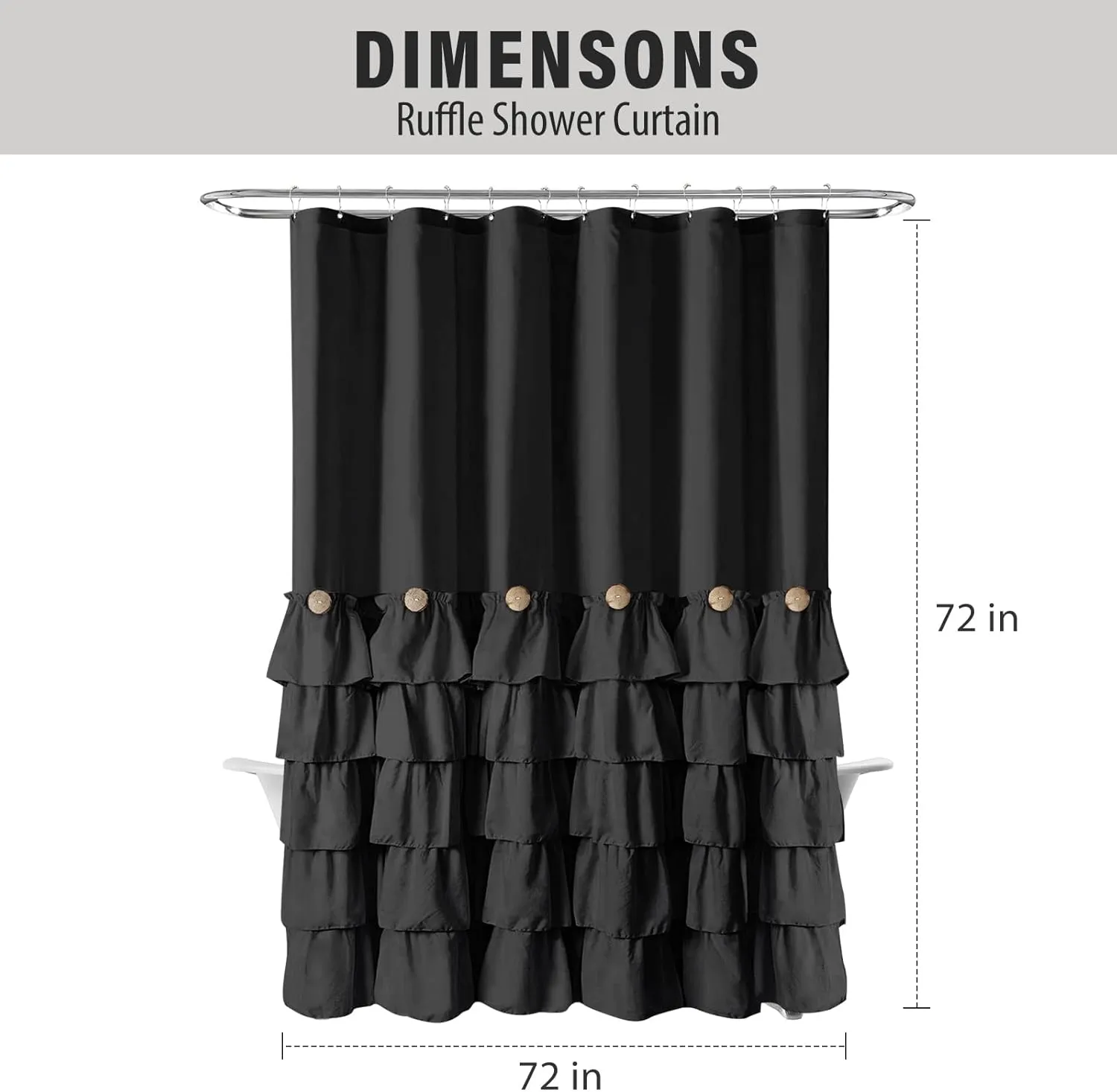 Seasonwood Black Ruffle Shower Curtain Farmhouse Style Black Fabric Shower Curtain Nature Button Shabby Chic Ruffles and French Country Style 72×72