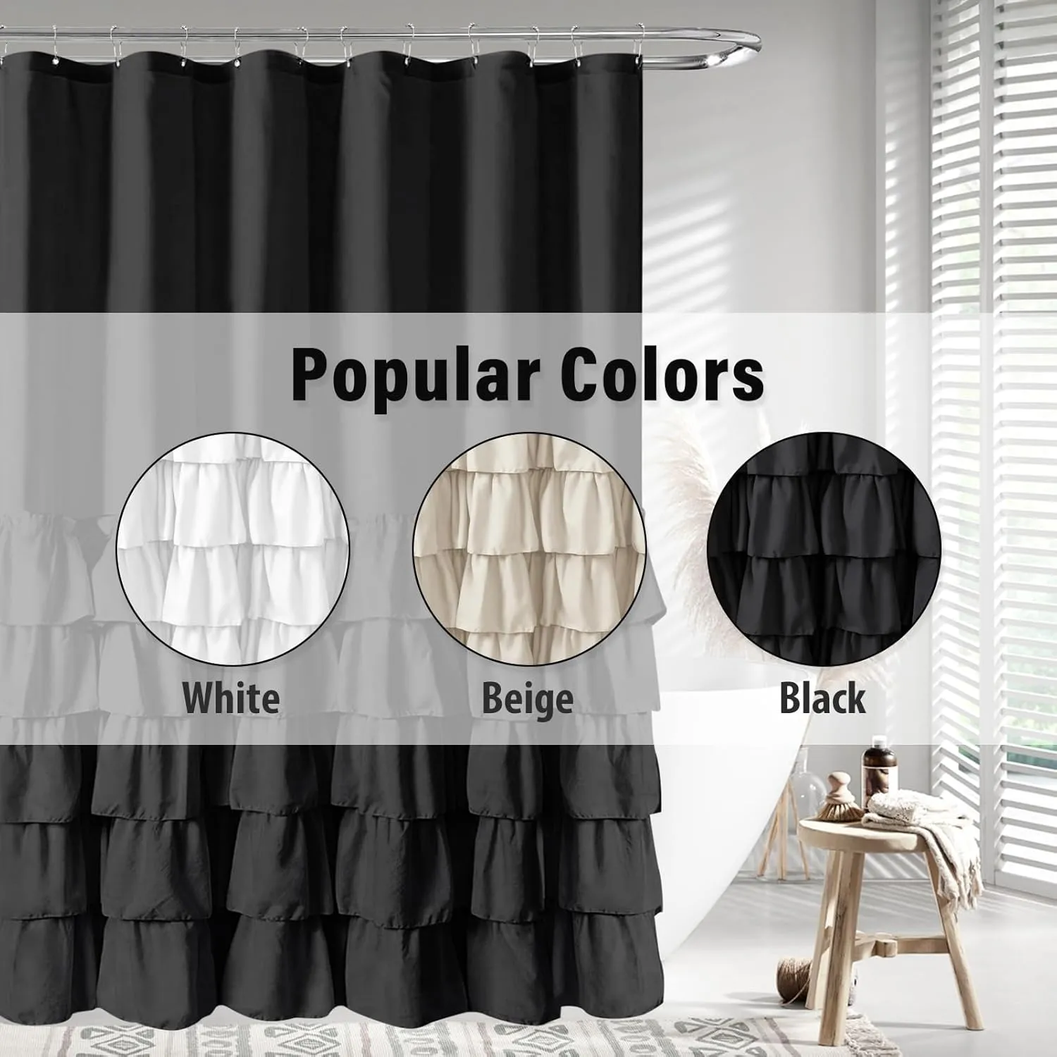 Seasonwood Black Ruffle Shower Curtain Farmhouse Style Black Fabric Shower Curtain Nature Button Shabby Chic Ruffles and French Country Style 72×72