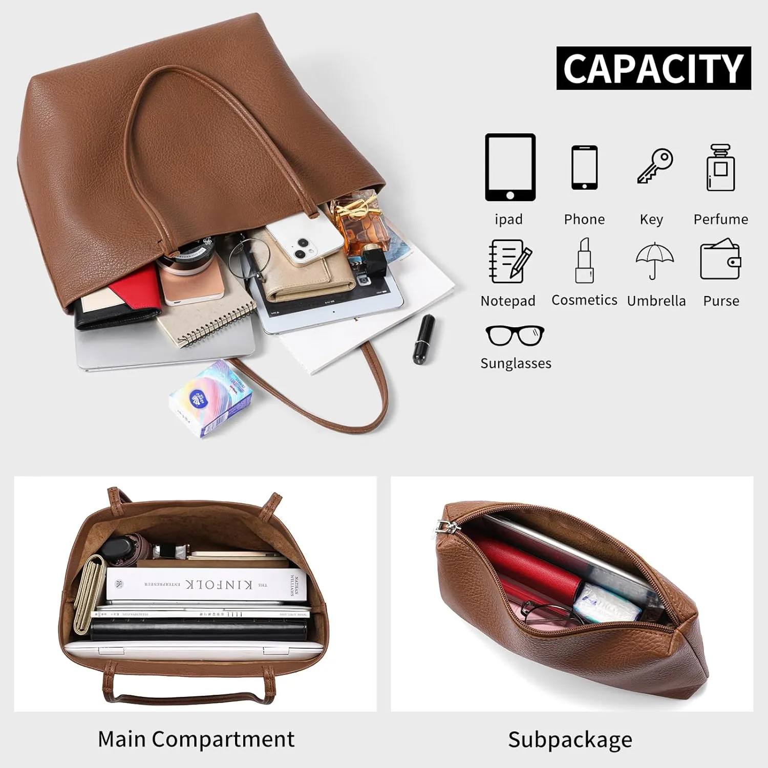 SENDEFN Leather Tote Bag for Women Work Shoulder Bag Large Top Handle Handbags and Ladies Travel Purse with Zipper Pocket