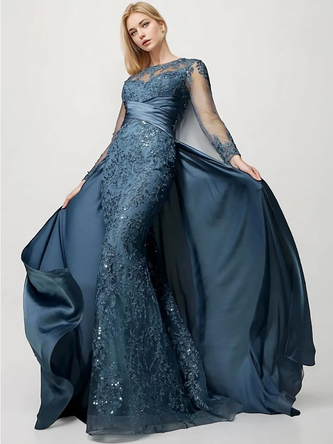 Sexy Mermaid Trumpet Prom Dress Scoop Neck Court Train Long Sleeves Luxury Lace Appliques Formal Dress 2025