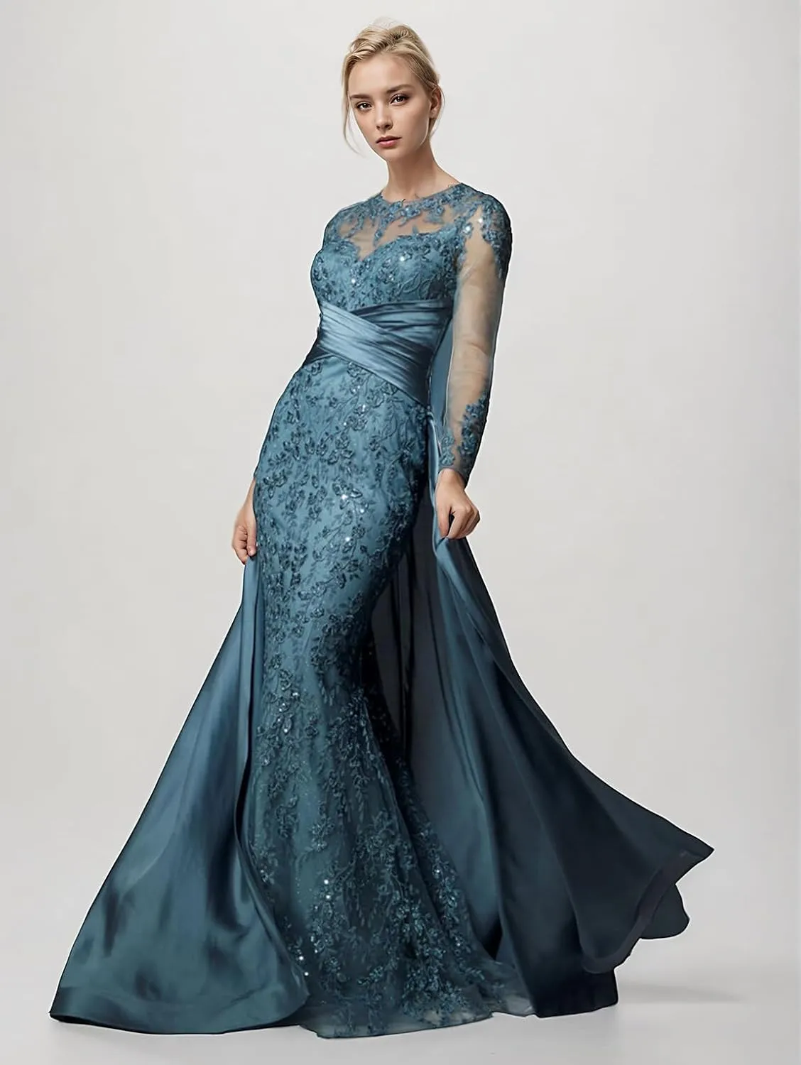 Sexy Mermaid Trumpet Prom Dress Scoop Neck Court Train Long Sleeves Luxury Lace Appliques Formal Dress 2025