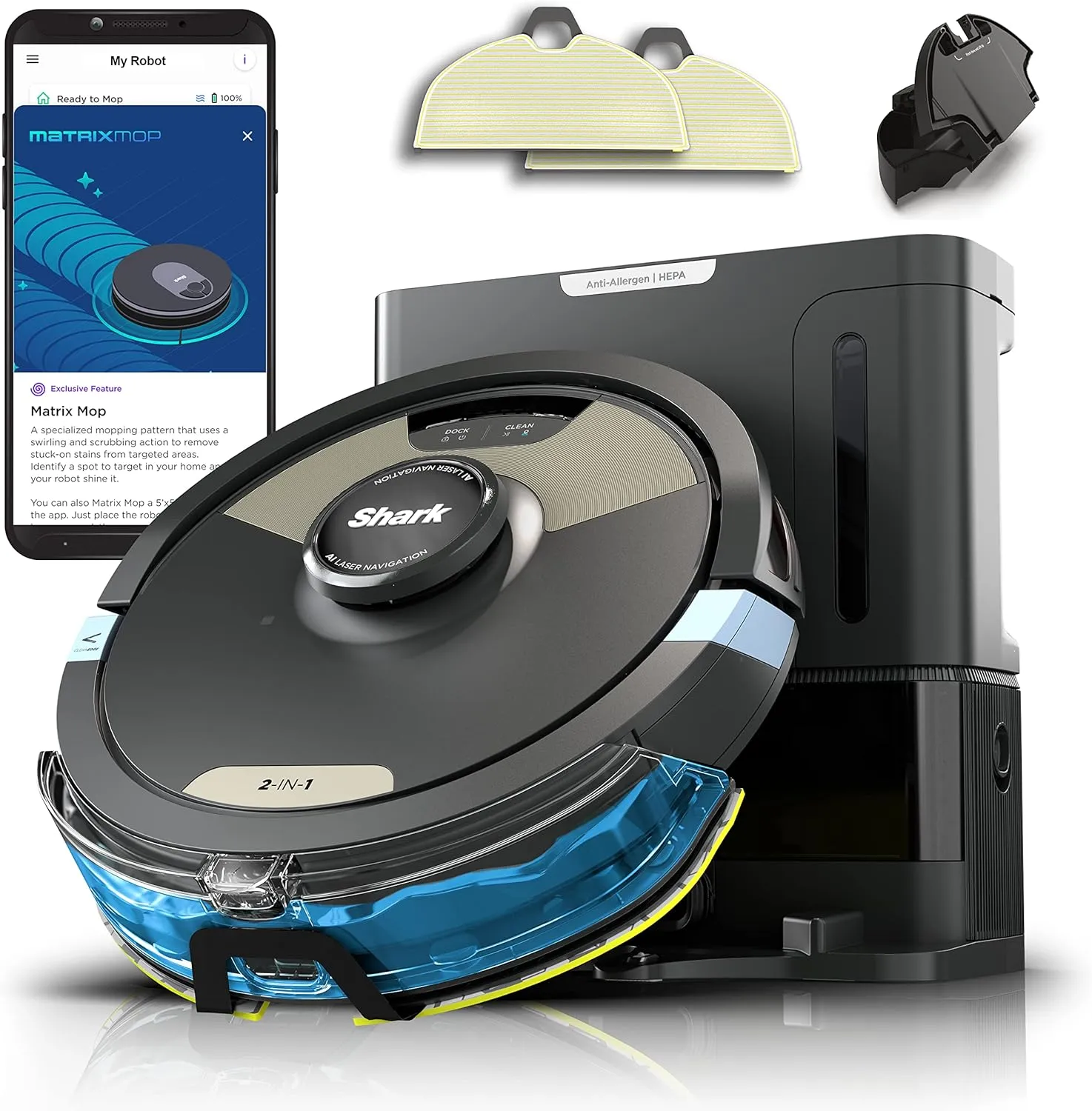 Shark Robot Vacuum & Mop Combo, Powerful Suction, Matrix Plus, 60-Day Debris Capacity, HEPA Bagless Self Empty Base, Sonic Mopping, Home Mapping for Pet Hair - Carpets & Hardfloor