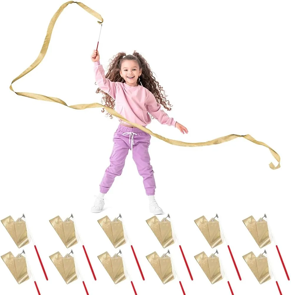 Shimmering Gold Dance Ribbon Streamer Rhythmic Gymnastics Ribbon With 360 Degree Twirling Stick Baton, 12 Pack Silk Gym Training Circus Wand Dance Flag Outdoor Game Talent Shows Artistic Dancing Bands