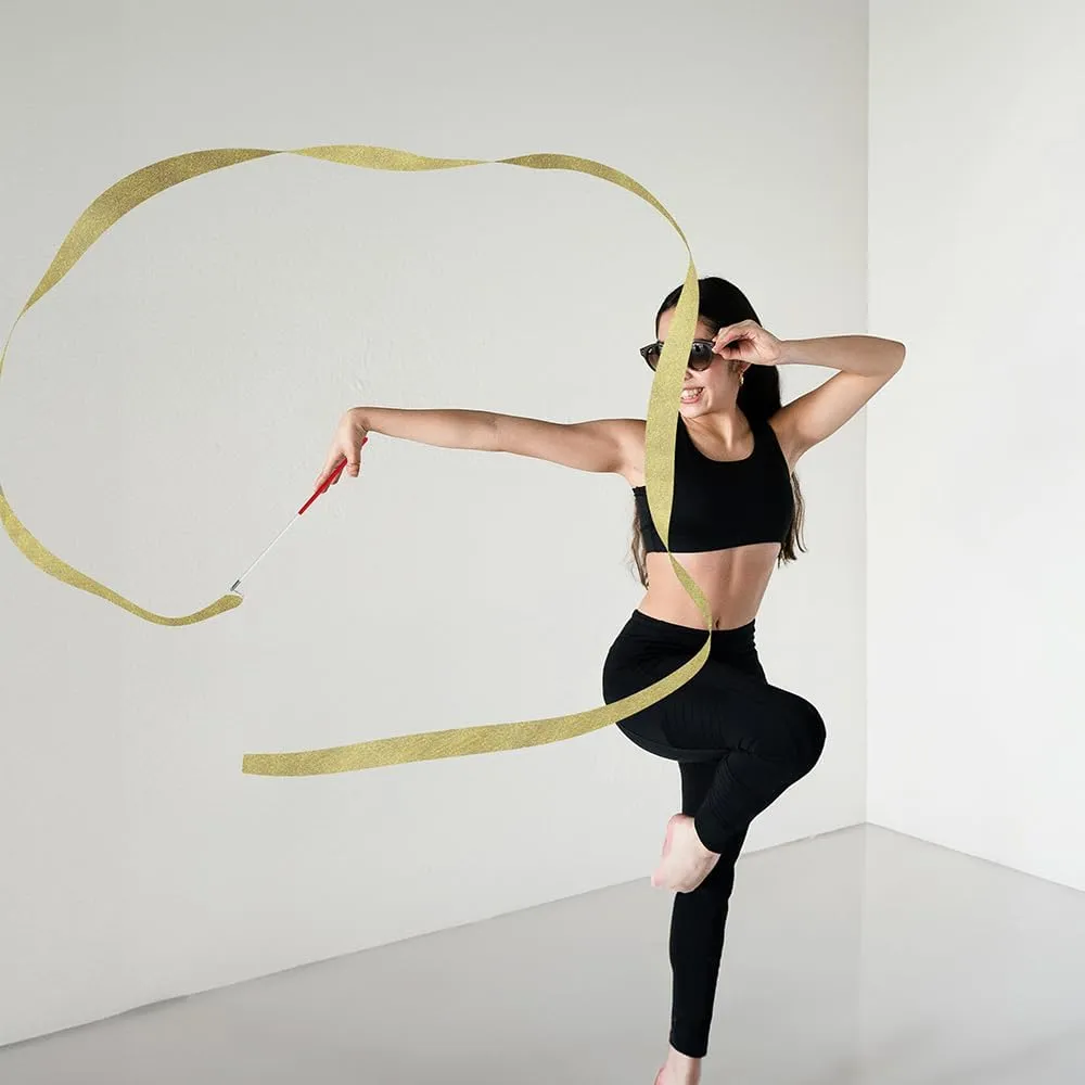 Shimmering Gold Dance Ribbon Streamer Rhythmic Gymnastics Ribbon With 360 Degree Twirling Stick Baton, 12 Pack Silk Gym Training Circus Wand Dance Flag Outdoor Game Talent Shows Artistic Dancing Bands