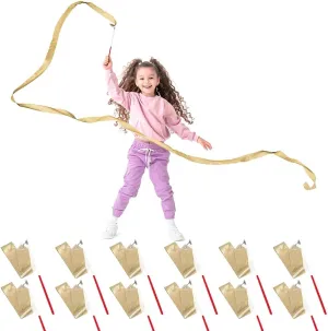 Shimmering Gold Dance Ribbon Streamer Rhythmic Gymnastics Ribbon With 360 Degree Twirling Stick Baton, 12 Pack Silk Gym Training Circus Wand Dance Flag Outdoor Game Talent Shows Artistic Dancing Bands