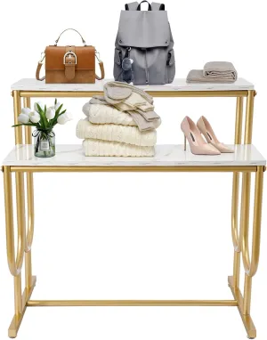 Shoe Handbag Display Stand, 2 Tiers Display Rack 31.5in Gold Risers Display Stands 220Lbs Load Capacity Carbon Steel Display Riser Shelf for Retail Store