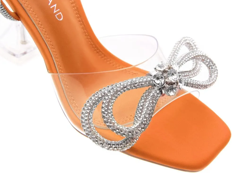 Shoe Land Women’s Clear Rhinestone Bow Heels – Double Bowknot & Adjustable Ankle Strap | Crystal Stiletto High Heels with Square Open Toe for Wedding & Party