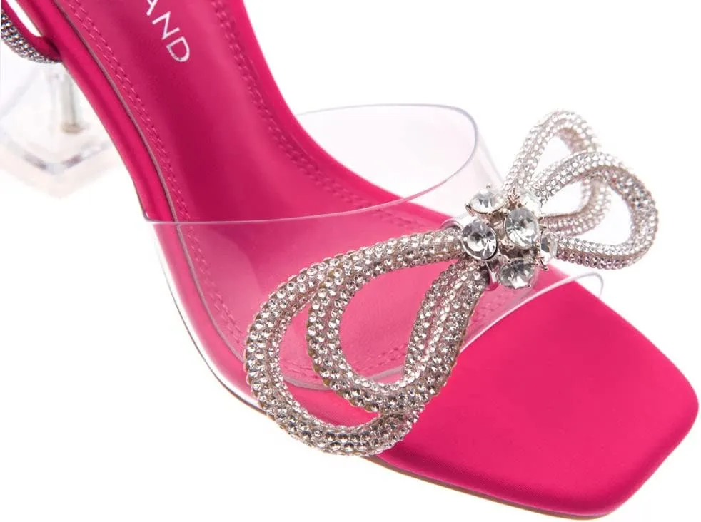 Shoe Land Women’s Clear Rhinestone Bow Heels – Double Bowknot & Adjustable Ankle Strap | Crystal Stiletto High Heels with Square Open Toe for Wedding & Party
