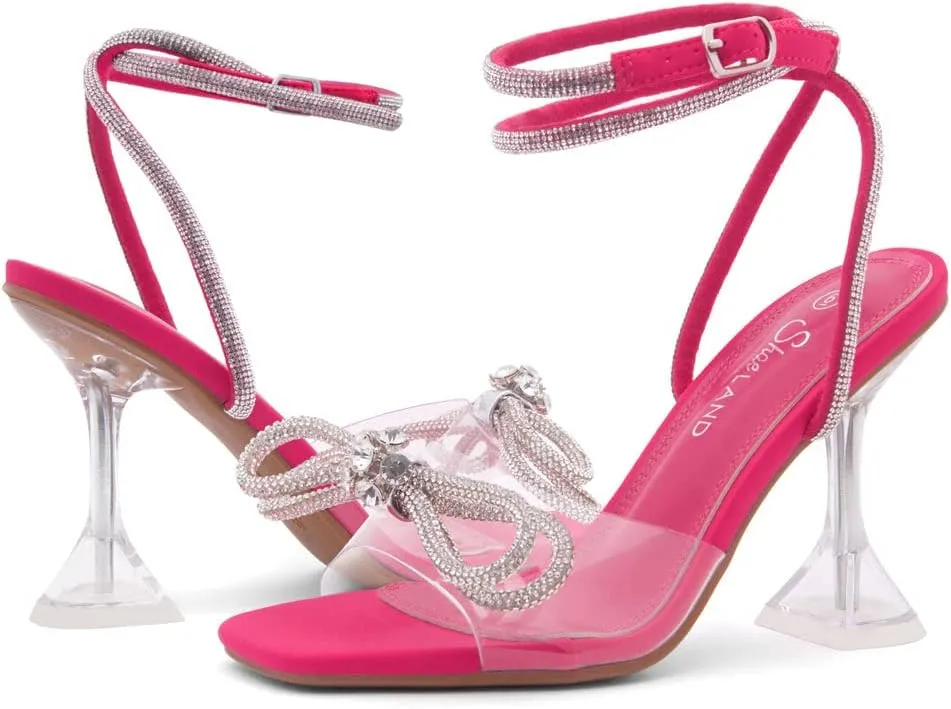 Shoe Land Women’s Clear Rhinestone Bow Heels – Double Bowknot & Adjustable Ankle Strap | Crystal Stiletto High Heels with Square Open Toe for Wedding & Party