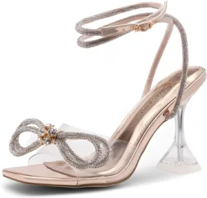 Shoe Land Women’s Clear Rhinestone Bow Heels – Double Bowknot & Adjustable Ankle Strap | Crystal Stiletto High Heels with Square Open Toe for Wedding & Party