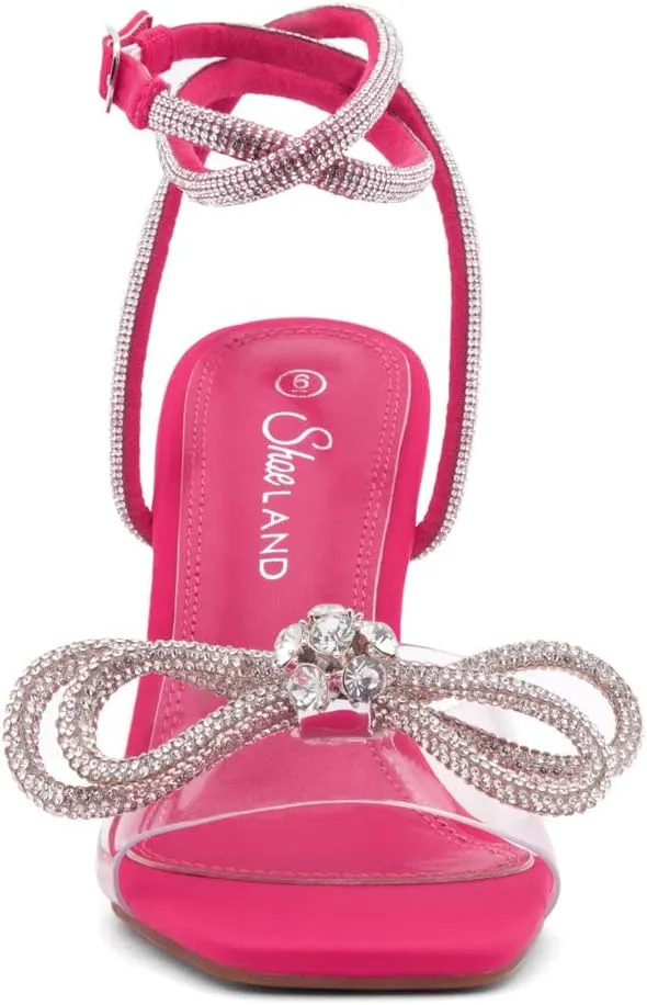 Shoe Land Women’s Clear Rhinestone Bow Heels – Double Bowknot & Adjustable Ankle Strap | Crystal Stiletto High Heels with Square Open Toe for Wedding & Party
