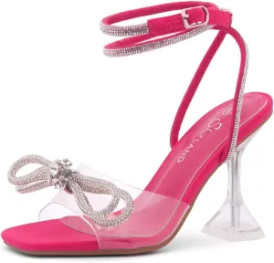 Shoe Land Women’s Clear Rhinestone Bow Heels – Double Bowknot & Adjustable Ankle Strap | Crystal Stiletto High Heels with Square Open Toe for Wedding & Party