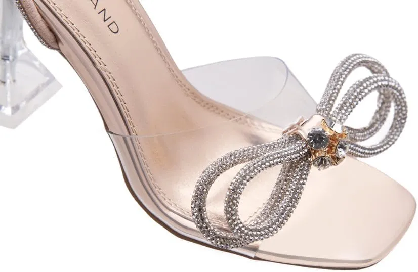 Shoe Land Women’s Clear Rhinestone Bow Heels – Double Bowknot & Adjustable Ankle Strap | Crystal Stiletto High Heels with Square Open Toe for Wedding & Party