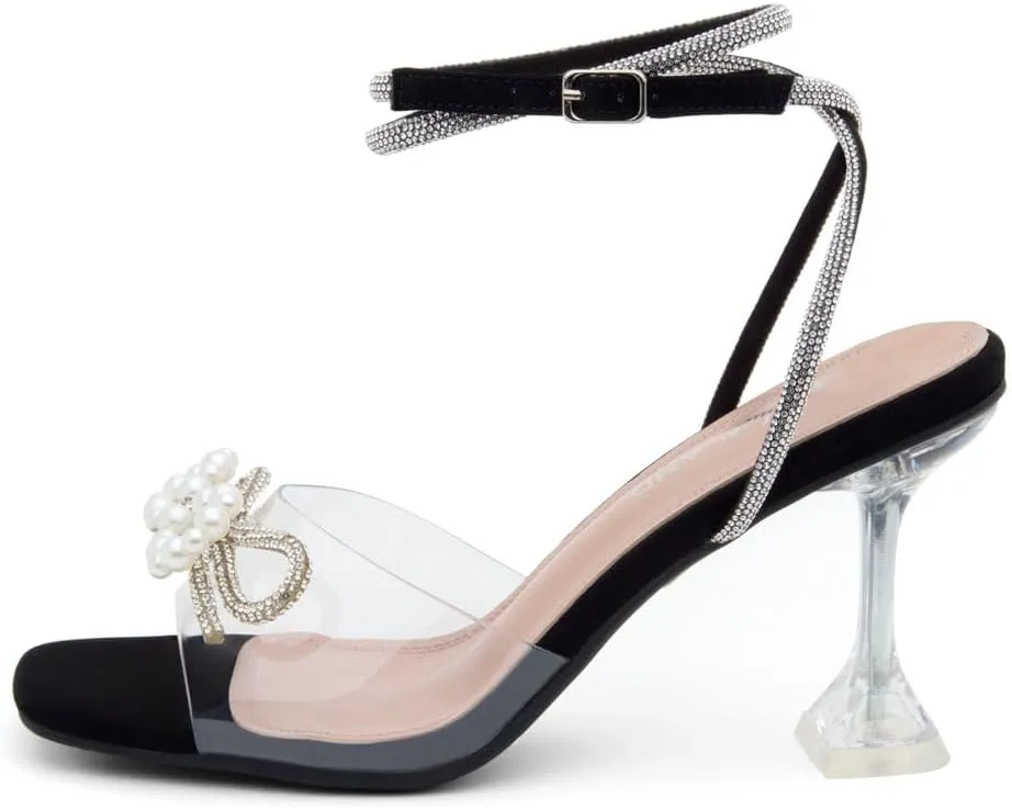 Shoe Land Women’s Clear Rhinestone Bow Heels – Double Bowknot & Adjustable Ankle Strap | Crystal Stiletto High Heels with Square Open Toe for Wedding & Party