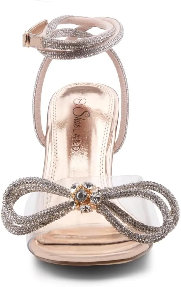 Shoe Land Women’s Clear Rhinestone Bow Heels – Double Bowknot & Adjustable Ankle Strap | Crystal Stiletto High Heels with Square Open Toe for Wedding & Party