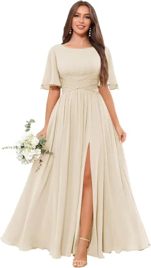 Short Sleeve Bridesmaid Dresses Long A Line Pleated Chiffon Formal Evening Dress with Slit